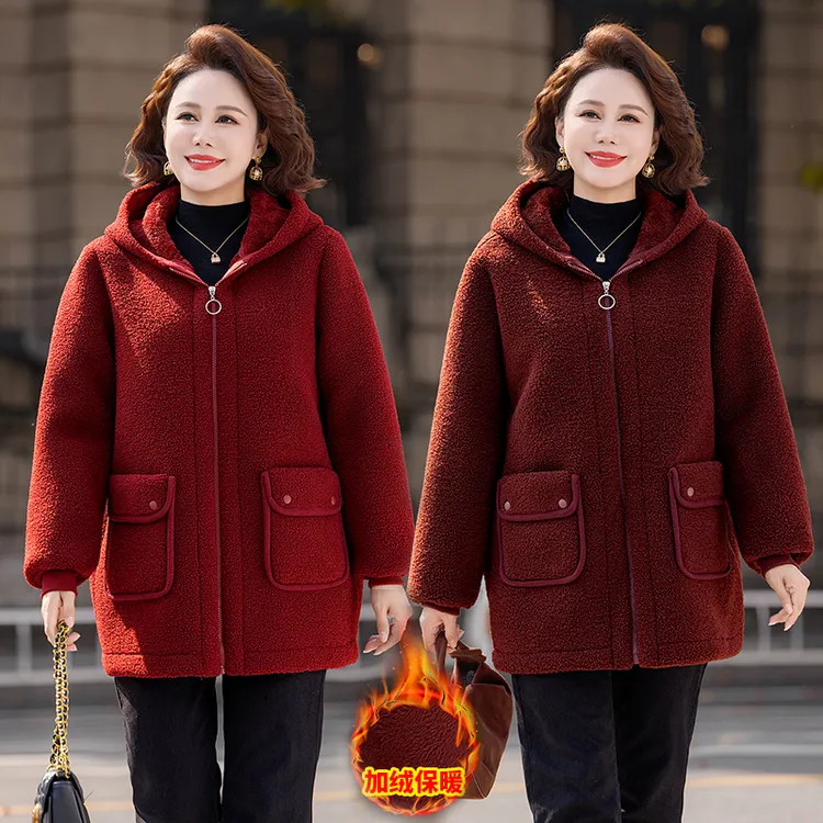 妈妈冬装加绒加厚外套中老年女颗粒绒棉袄大码棉衣女洋气连帽棉服