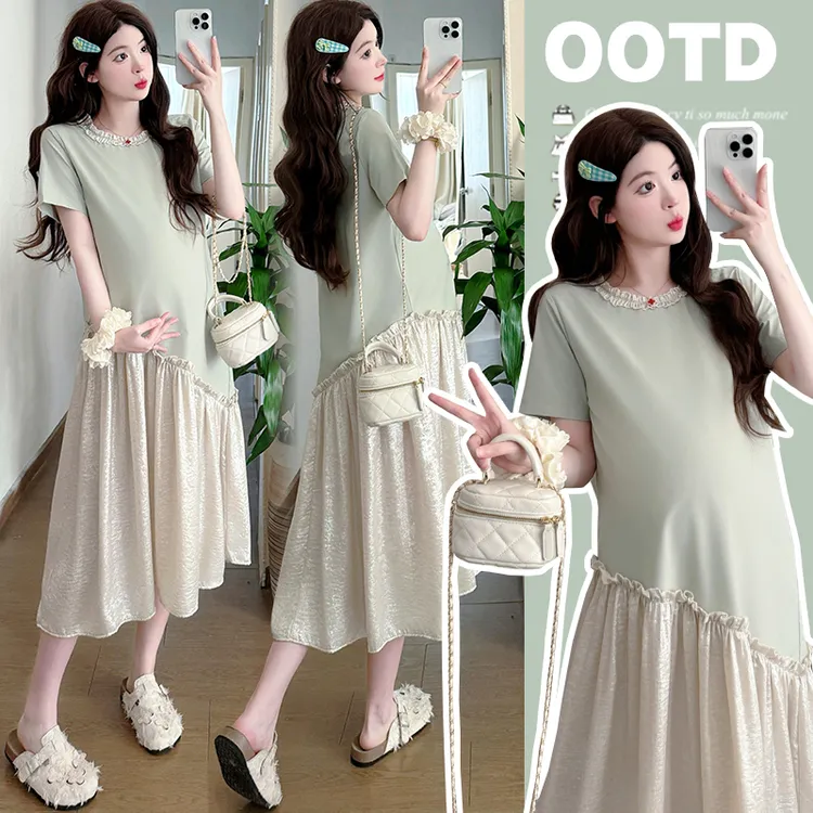 孕妇装2025春夏季慵懒风简约韩版洋气辣妈设计感拼接减龄连衣裙