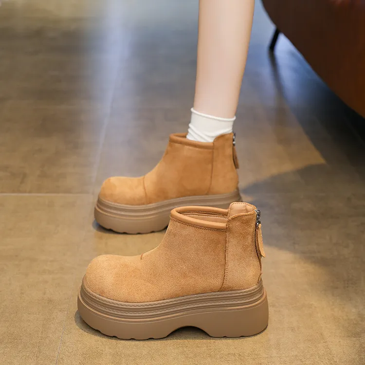 真皮加绒短靴女款新款冬季时尚百搭厚底增高小个子瘦瘦靴短筒