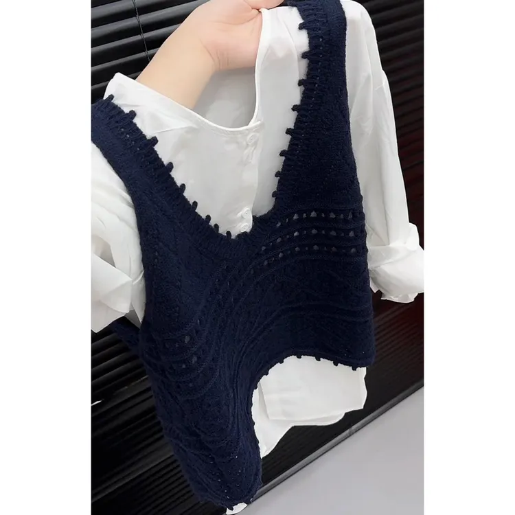 【现货】欧货针织马甲上衣两件套女2025年秋装新款圆领白色衬衫吊带