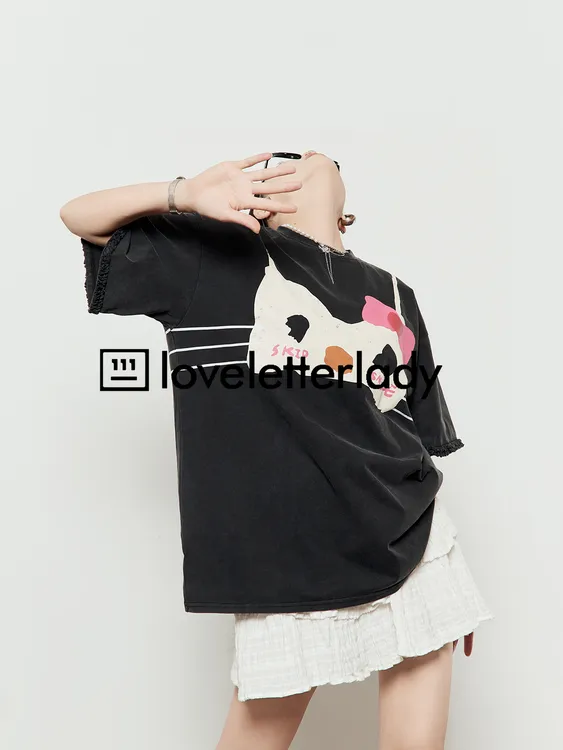 周里物T恤女2025夏季新款趣味搞怪kt彩绘印花宽松休闲短袖