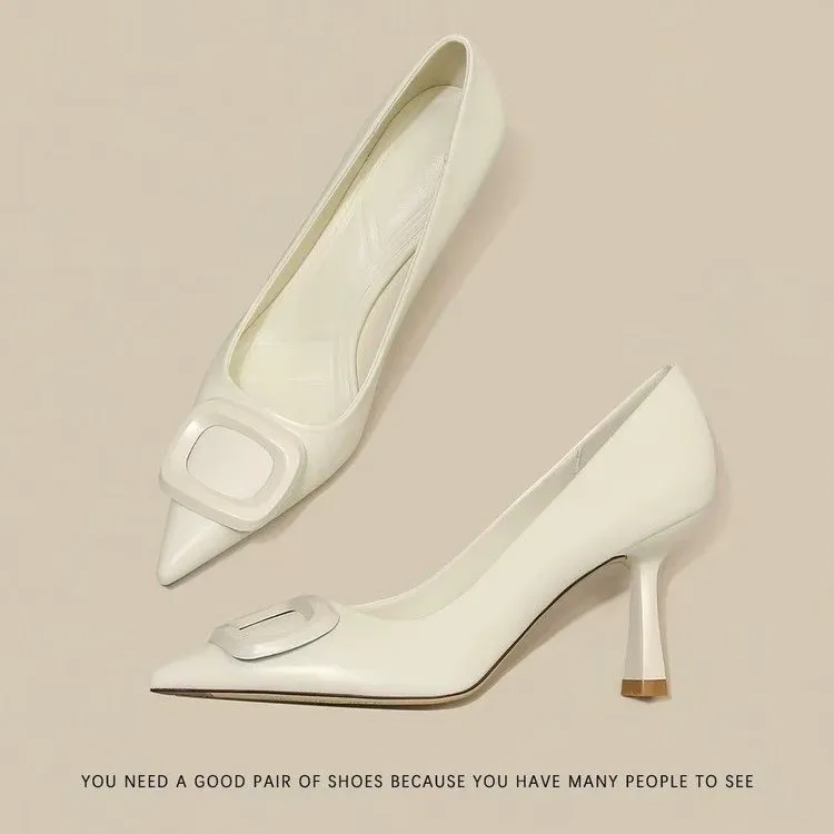 夏季法式尖头细跟高跟鞋女2025新款方扣浅口单鞋黑色通勤工作鞋