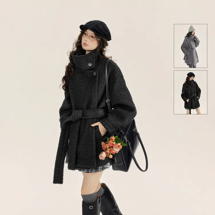 EPTISON毛呢外套女宽松加厚气质韩系慵懒风黑色呢大衣FWN001
