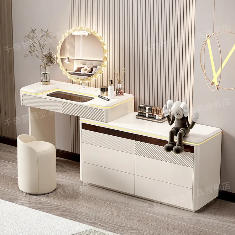 千奇梦奶油风梳妆台斗柜卧室现代简约实木烤漆床尾收纳柜化妆桌
