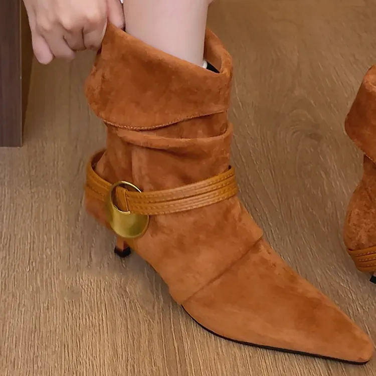 elingstudio 一眼爱上！枫叶棕尖头金属短靴女两穿复古绒面时装靴