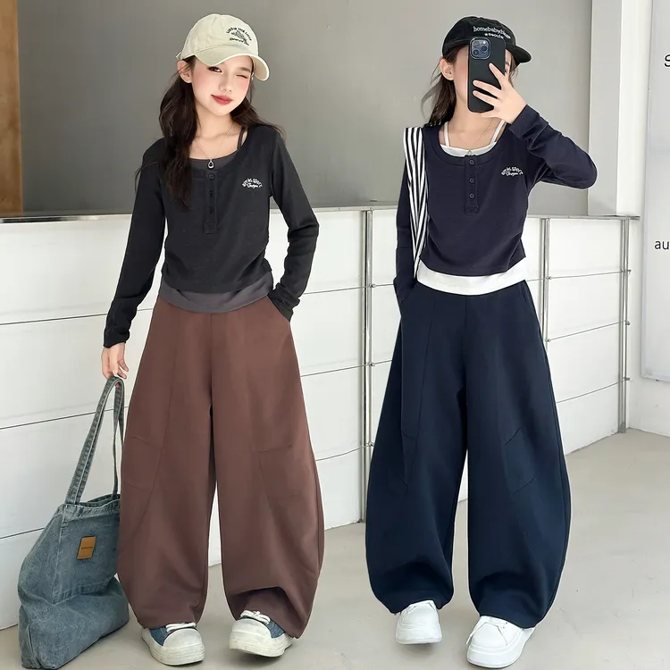 女童秋季套装2025新款儿童潮酷穿搭女孩假两件T恤休闲卫裤两件套