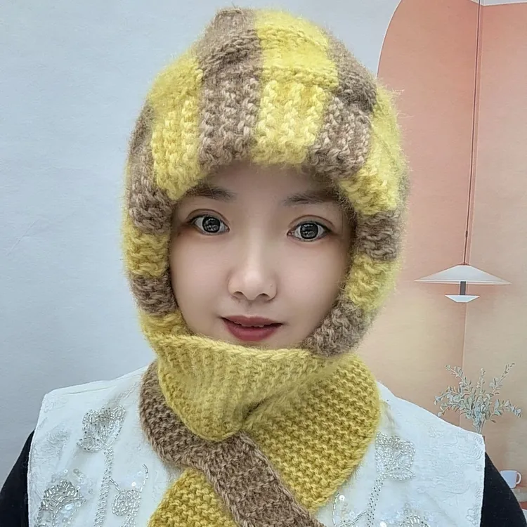 新款纯手工编织棋盘松鼠帽子风雪帽女士保暖针织围巾加厚秋冬一体