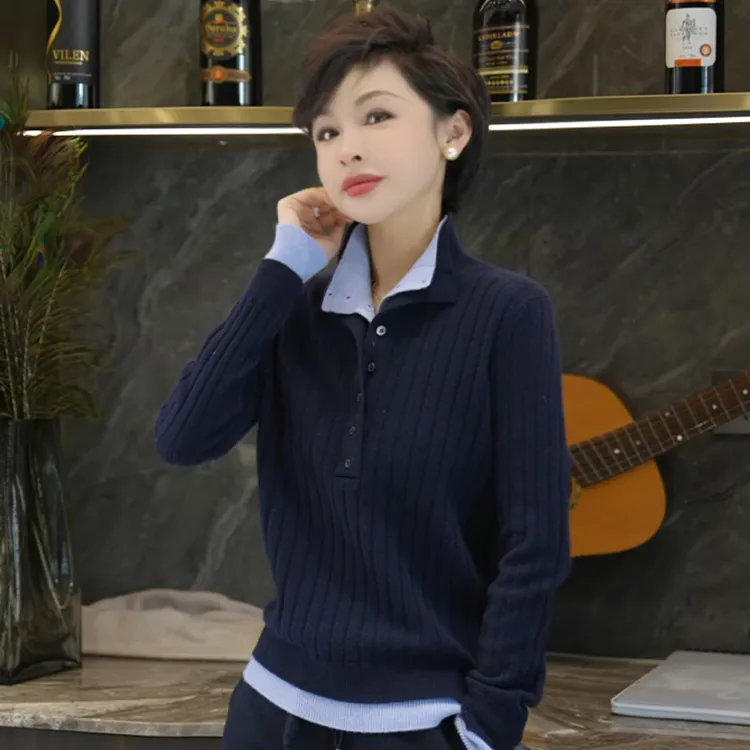 名港-【100纯羊毛】撞色简约立领百搭长袖针织衫 MG3233