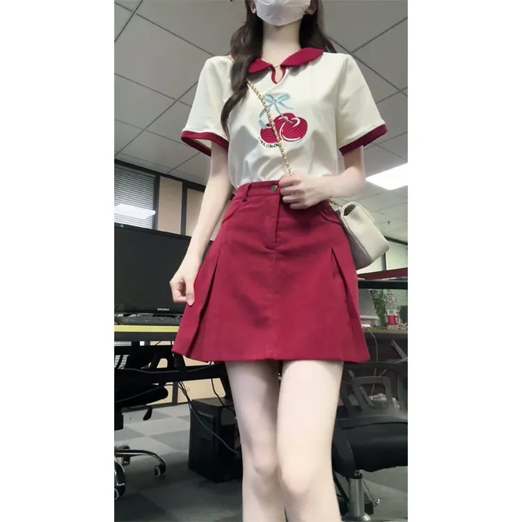 2025夏季新款女韩系穿搭修身翻领短袖上衣气质高腰显瘦A字半身裙