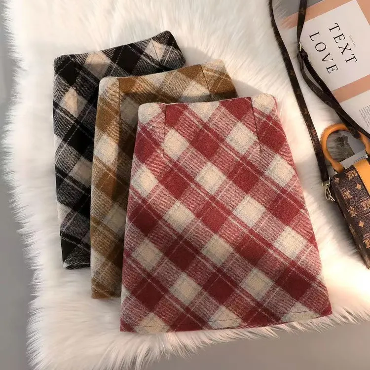 复古毛呢红色格子半身裙女秋冬高腰气质辣妹裙子性感a字包臀短裙