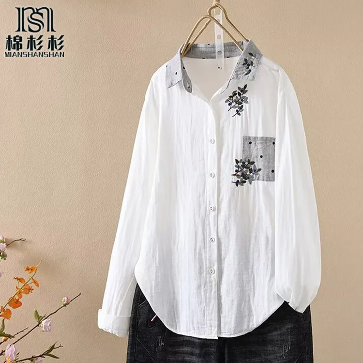 春季新款 双层棉纱长袖衬衫女 纯棉文艺刺绣包扣 拼色领遮肉衬衣