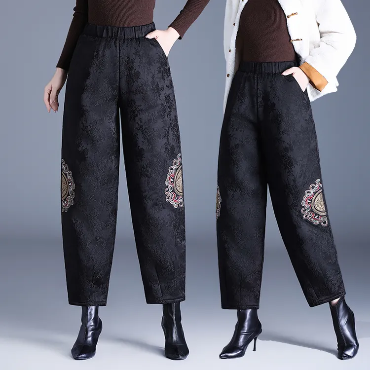 加绒加厚保暖刺绣棉裤女2025冬季夹棉加厚保暖灯笼裤绣花休闲裤子