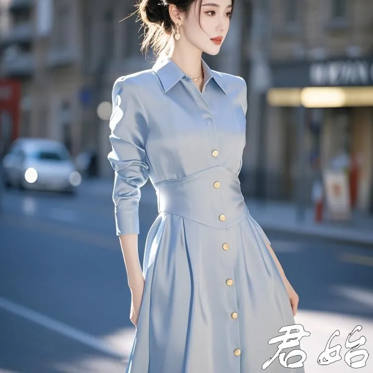 名媛小香风蓝色缎面衬衫连衣裙小众炸街高级感女装秋装2025新款