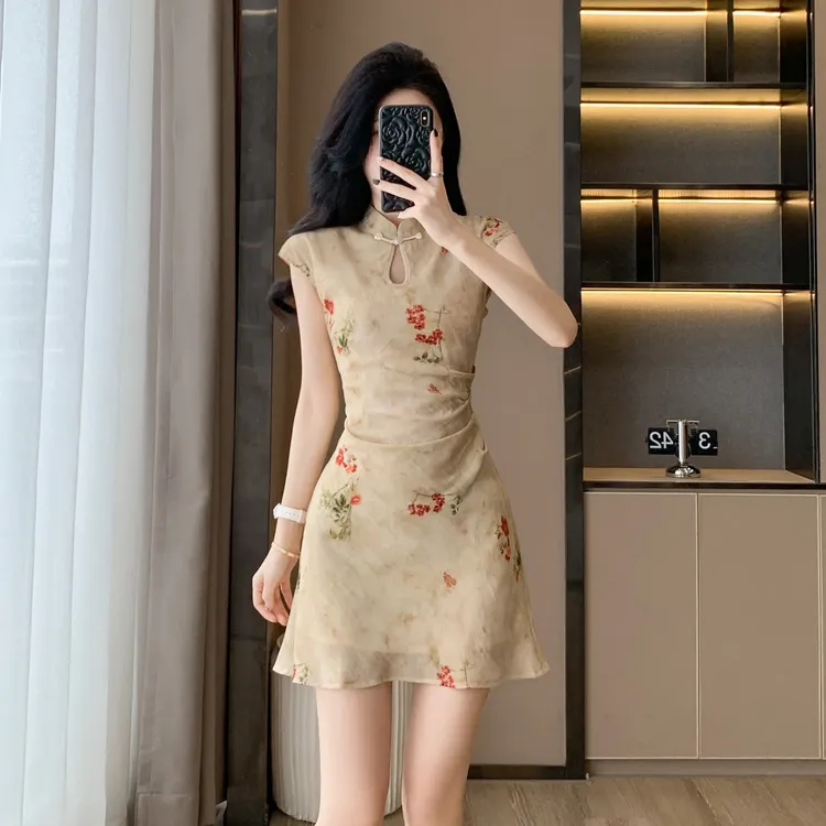 新中式国风印花旗袍裙夏季新款小个子盘扣复古气质显瘦碎花连衣裙