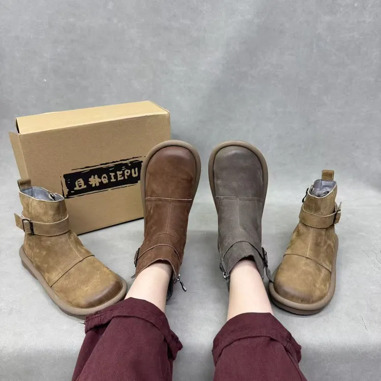 3338-1A侧拉链新款冬季纯色磨砂皮短靴平底复古休闲风百搭女靴