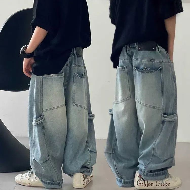 男童牛仔裤春秋新款宽松水洗长裤中大童休闲多口袋百搭外穿裤子潮