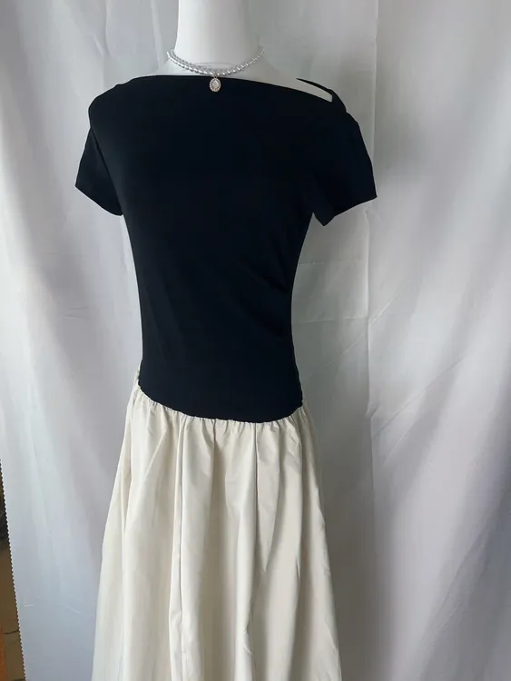 复古优雅拼接设计感收腰赫本风夏季连衣裙