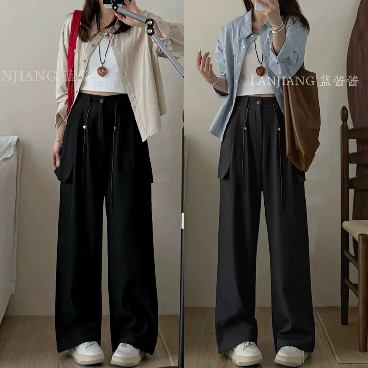 LANJIANG 美式复古高腰工装裤抽绳休闲直筒阔腿裤