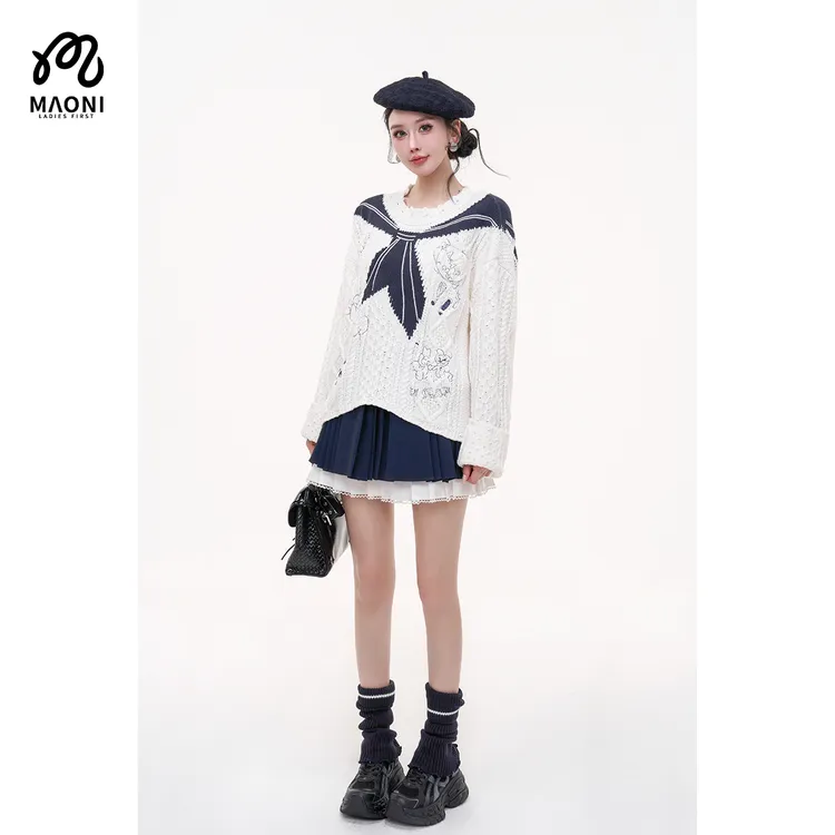 毛妮LADIESFIRST【海风绣纹】海军风拼接宽松慵懒风针织毛衣L2473