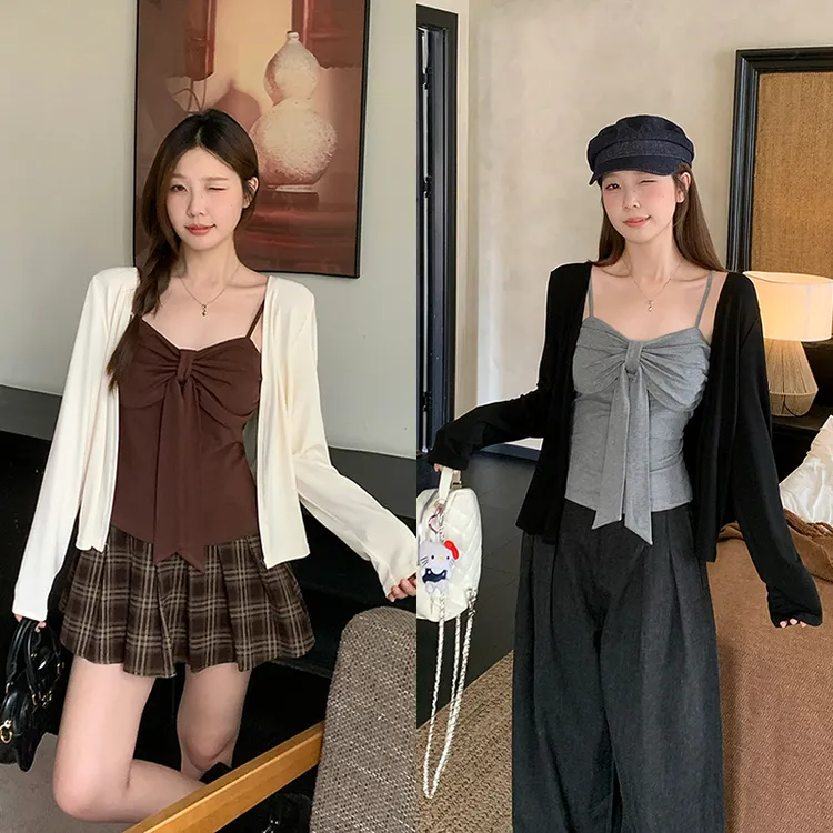 2025秋装新款胖mm大码女慵懒风蝴蝶结吊带针织开衫上衣套装A2216 