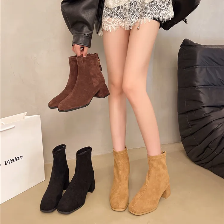 法式绒面粗跟短靴女2025秋冬新款马丁靴女瘦瘦靴百搭舒适高跟短靴