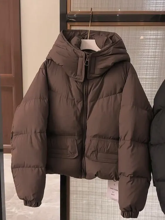 2025冬季新款美拉德复古百搭洋气外套时尚立领连帽纯色棉服女装