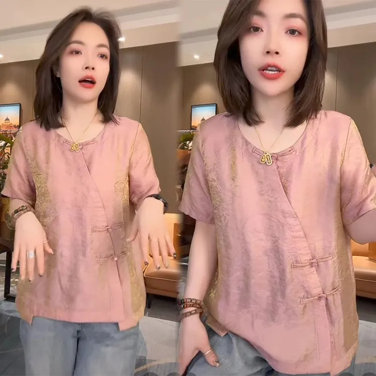 2025夏季新款女士国风时尚减龄圆领盘扣衬衫气质不规则短袖上衣服