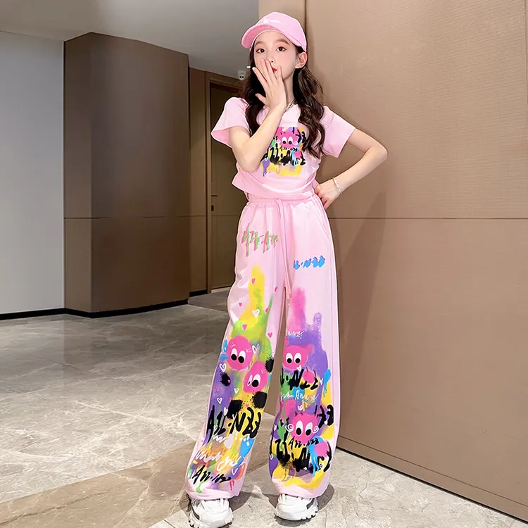 女童涂鸦套装夏装2025新款洋气儿童夏季中大童宽松休闲长裤两件套