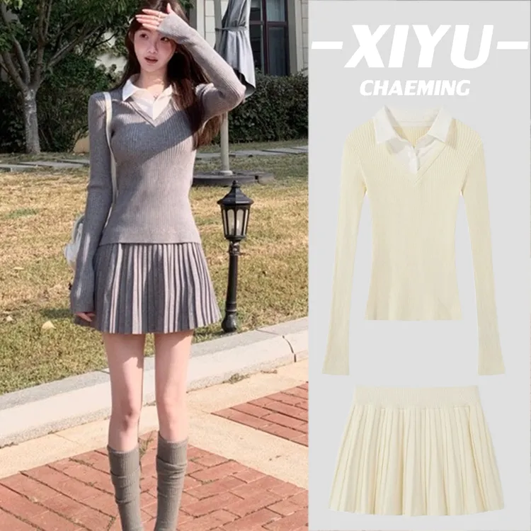 【蜜U】学院风假两件针织衫a字半身裙女秋冬韩系针织套装两件套修身显瘦