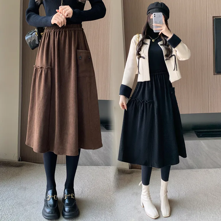 秋冬大码女装胖MM厚款半身裙女中长款松紧腰宽松垂感大摆A字裙