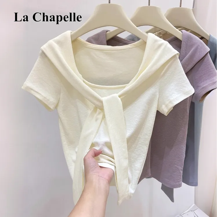 拉夏贝尔假两件披肩短袖t恤女2025新款夏甜辣妹修身显瘦绝美上衣