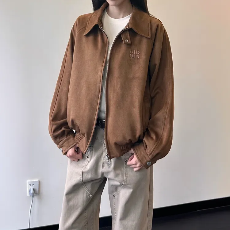 巴恩风麂皮绒字母刺绣外套男女春秋款美式复古慵懒翻领仿皮绒夹克