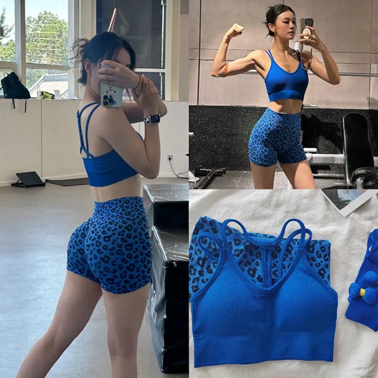 瑜伽套装细带美背健身服速干提臀豹纹瑜伽高腰运动文胸短裤两件套商品图