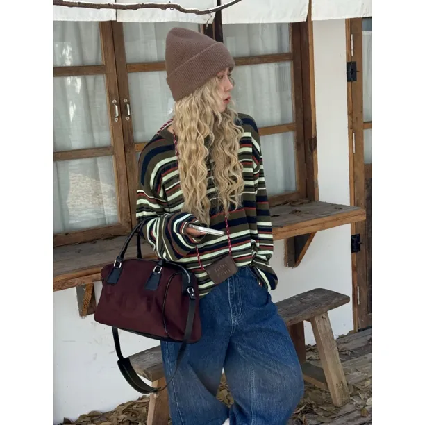 HELLOTANGO《复古亨利》秋冬复古摩登条纹亨利领套头针织衫8537#