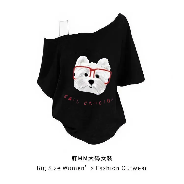 斜肩大码短袖宽松T恤女露肩辣妹百搭上衣黑色休闲卡通可爱小狗