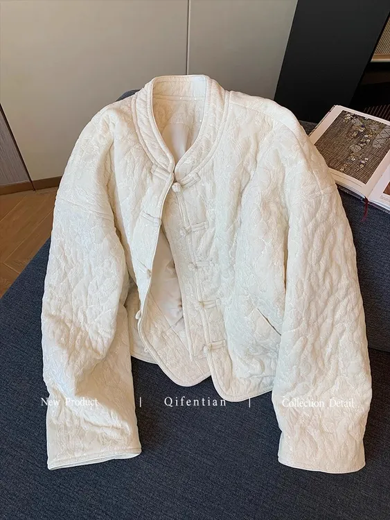 新中式蕾丝亮片立领盘扣短外套女秋冬新款高级感气质国风保暖棉服