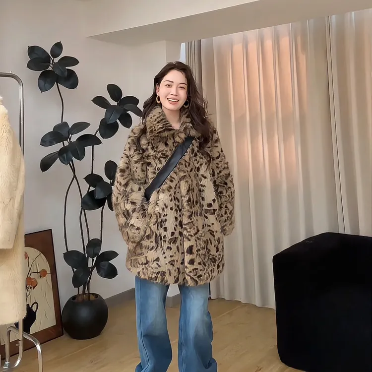 人造皮草 豹纹翻领环保仿皮草外套中长款复古休闲加厚毛毛冬装女
