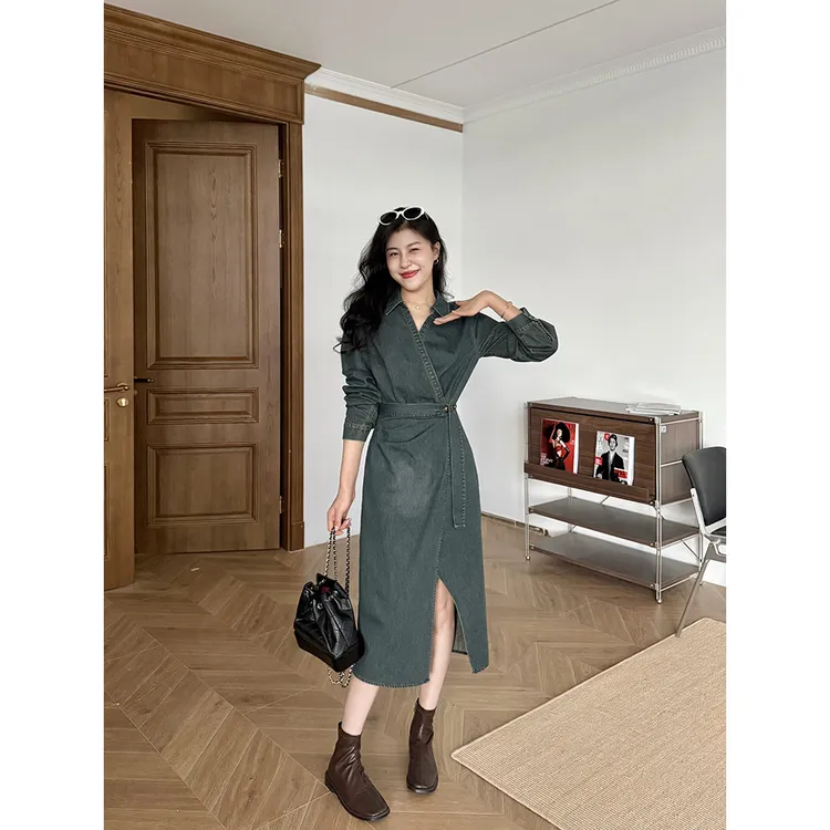 张阿星【都市牛仔裙】牛仔拼接翻领遮肚显瘦连衣裙 W425Q12194