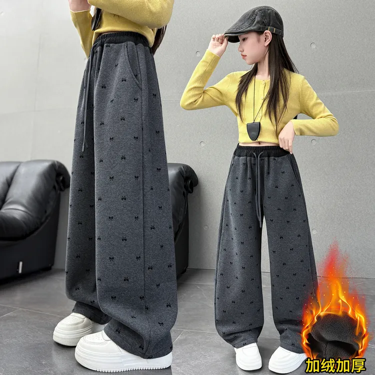女童加绒裤子秋冬2025新款儿童宽松直筒一体绒大童冬季加厚阔腿裤