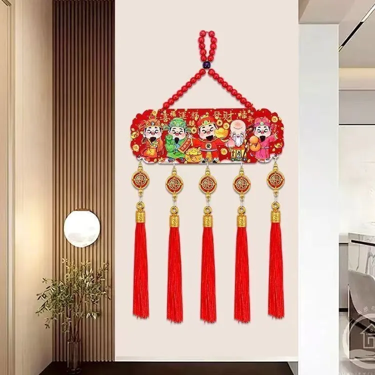 新年五路财神挂件国风五福桃木浮雕流苏客厅玄关中国结装饰06