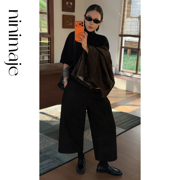 NanBeiBei  松弛立裁挺阔法式褶八分丝毛裤 8022