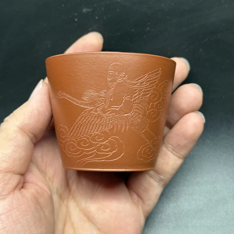 《云鹤游天》宜兴原矿朱泥主人杯品茗杯，手工刻绘，正宗高档原矿朱泥