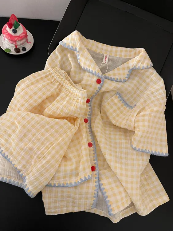 睡衣女夏季新款甜美风格子印花韩版宽松学生可外穿短袖家居服套装