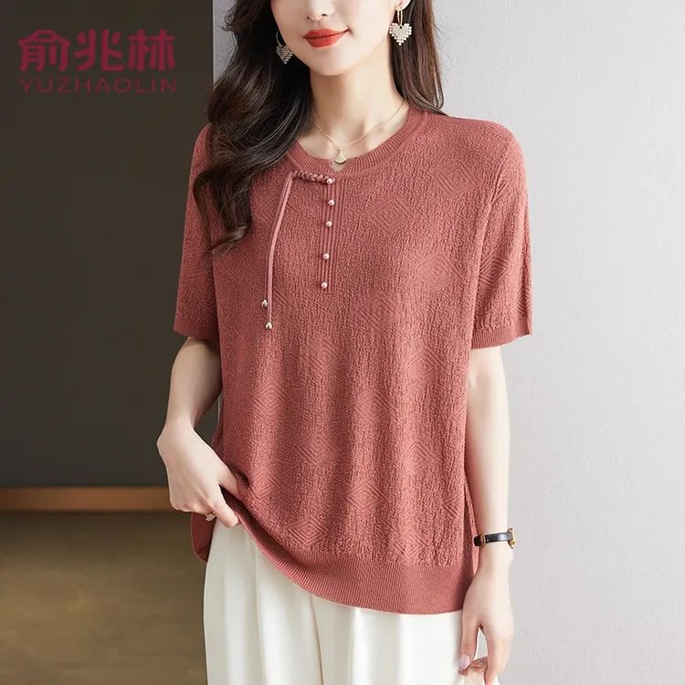 俞兆林妈妈夏装短袖冰丝t恤小衫洋气中老年女加肥加大码仿桑蚕丝