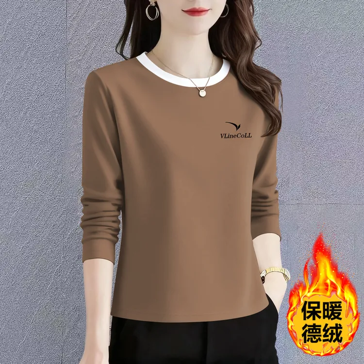 秋冬季新款双面德绒洋气圆领印花打底衫百搭中年妈妈上衣女