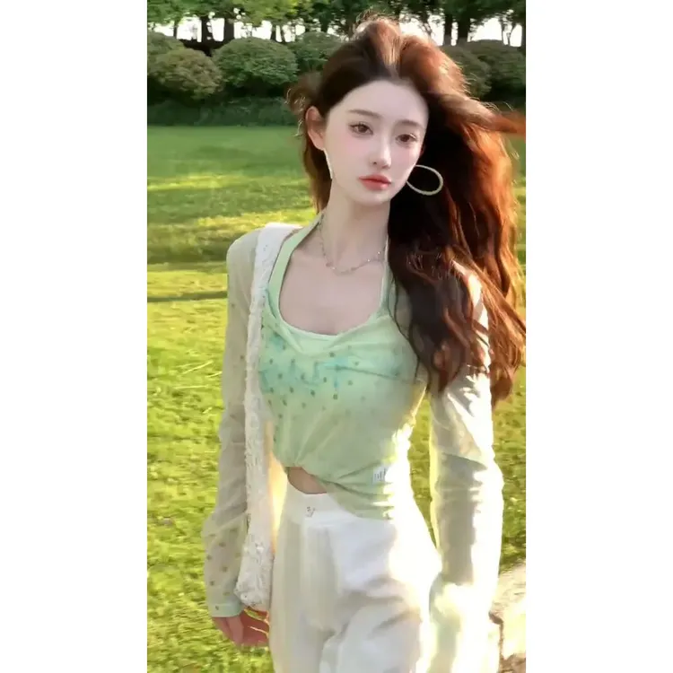 2025夏季套装洋气衣服女内搭吊带背心叠穿长袖外罩宽松休闲长裤