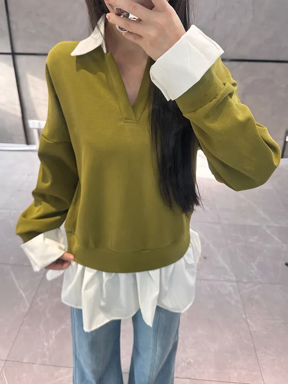 早秋新款小个子韩系上衣美式复古慵懒chic多巴胺绿色V领薄卫衣女