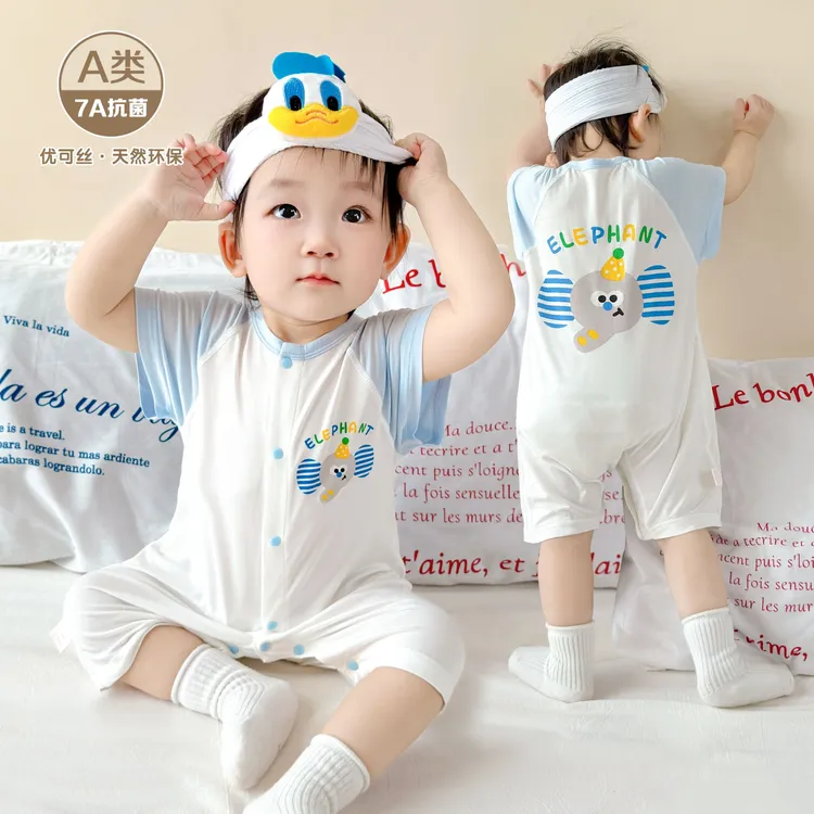 婴儿夏季薄款短袖连体衣男女宝宝外出卡通短爬优可丝无骨款