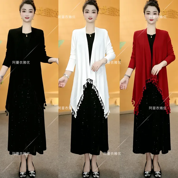 【衣雅严选】8121-2192#新款曲珠冰嘛流苏开衫+锦棉连衣裙两件套