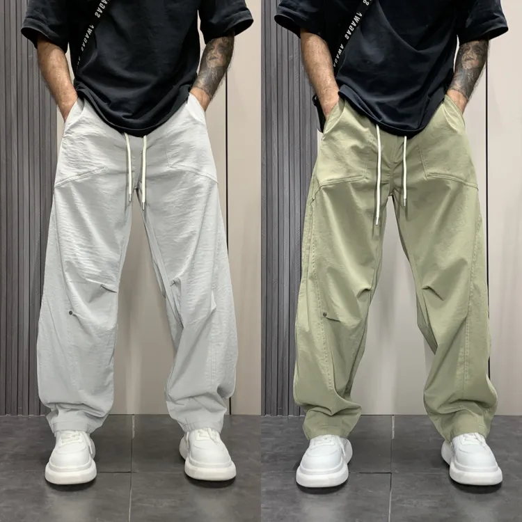 2025夏季新款美式简约宽松阔腿工装直筒裤潮流网眼透气纯色休闲裤
